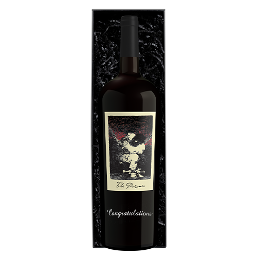 Bottle of the prisoner red blend with congratulations etched and in a gift box